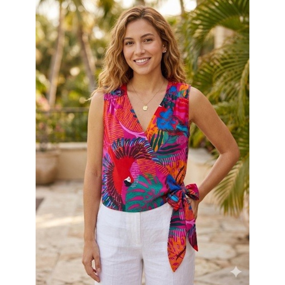 Joie Tropical Parrot Print Sleeveless V-Neck Blouse Magenta Red Tie Waist XS‎